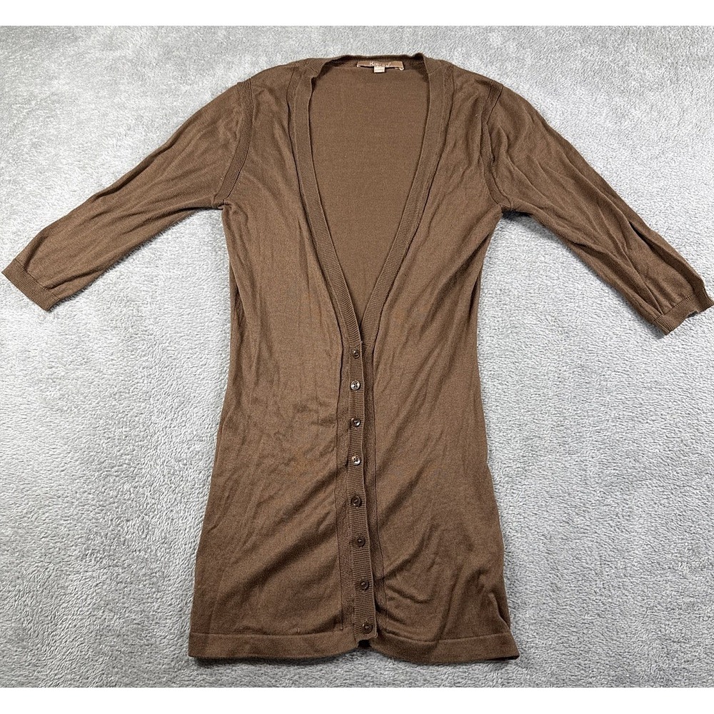 KIER + J Women's 100% Cotton V-Neck 3/4 Sleeve Button-Down Cardigan Brown Sz XS